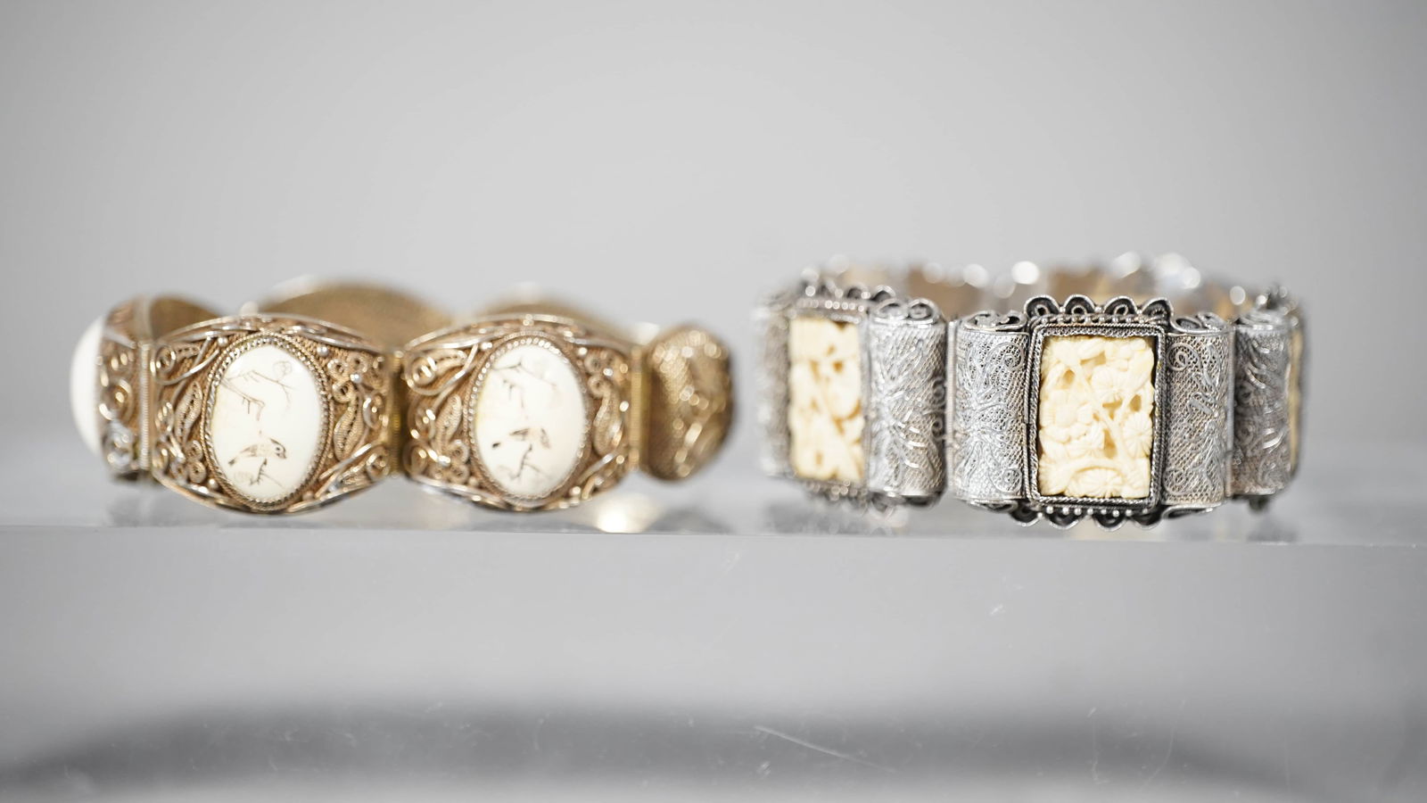 Two Chinese Antique Silver Carved with Bone Carving and Paintings Embedded and Marked: Two Chinese Antique Silver Carved with Bone Carving and Paintings Embedded. Silver Marked, One 7.8"Lx1"W, one 7.25"Lx1.1"W, Total Weight: 93g