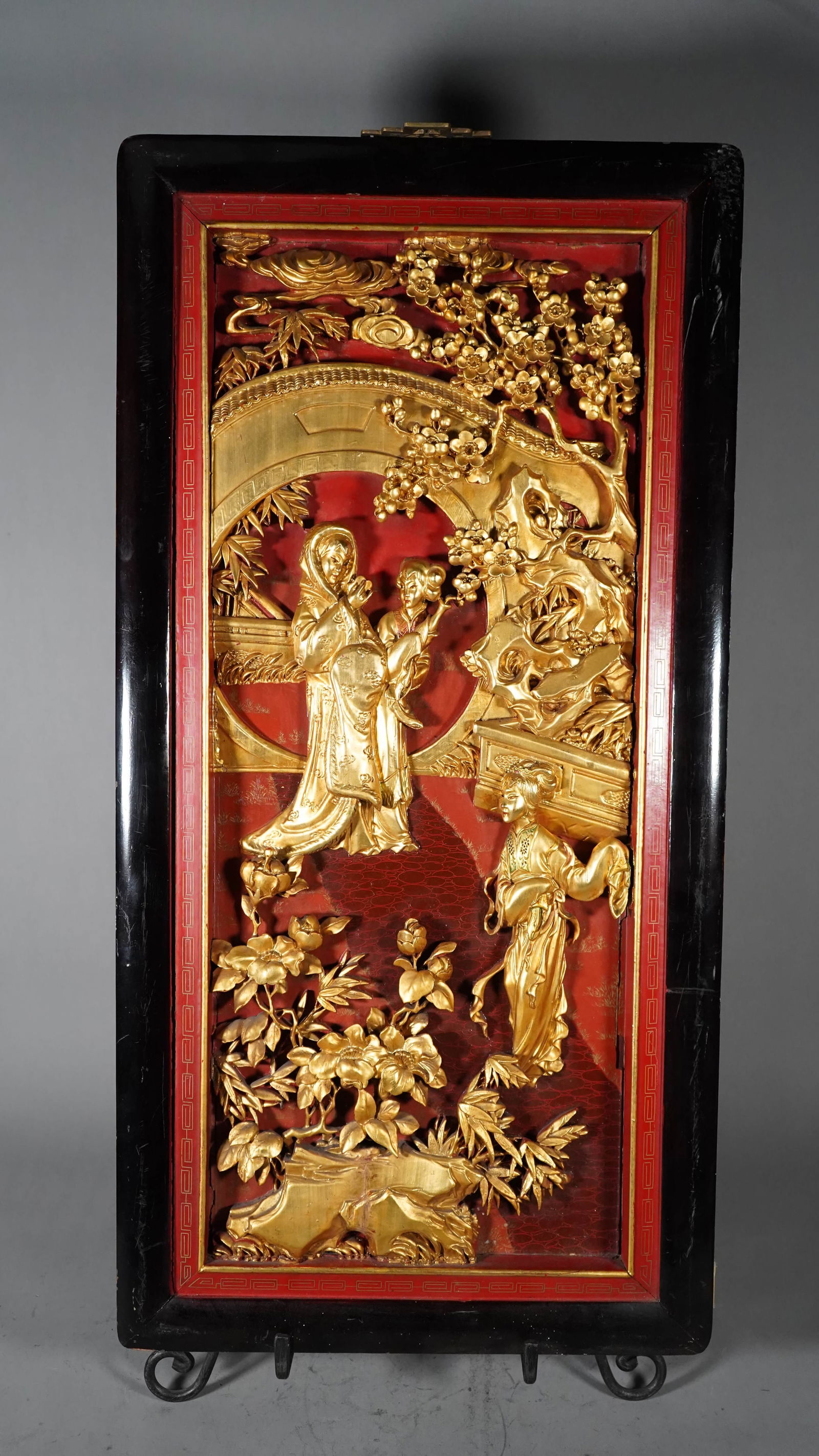Chinese Antique Red Lacquer Wood Carved Gold Gilded Figures & Garden Scene Panel (1 of 6)