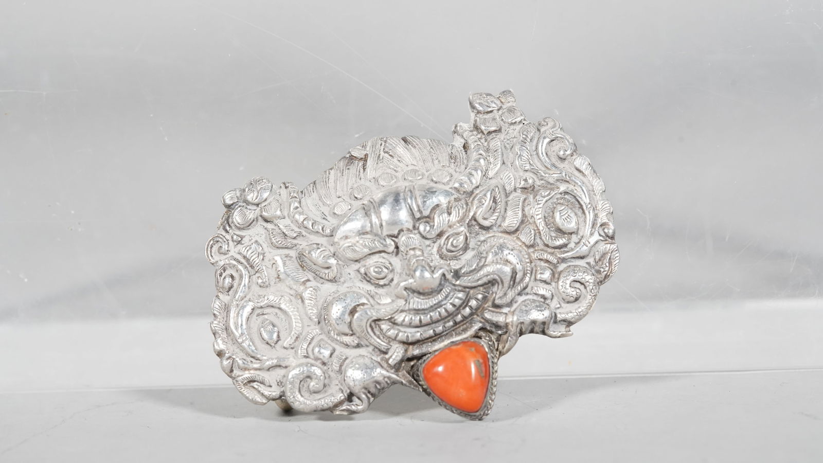 A Sterling Silver Carved Tibetan Belt Buckle with Coral Inlaid (1 of 6)