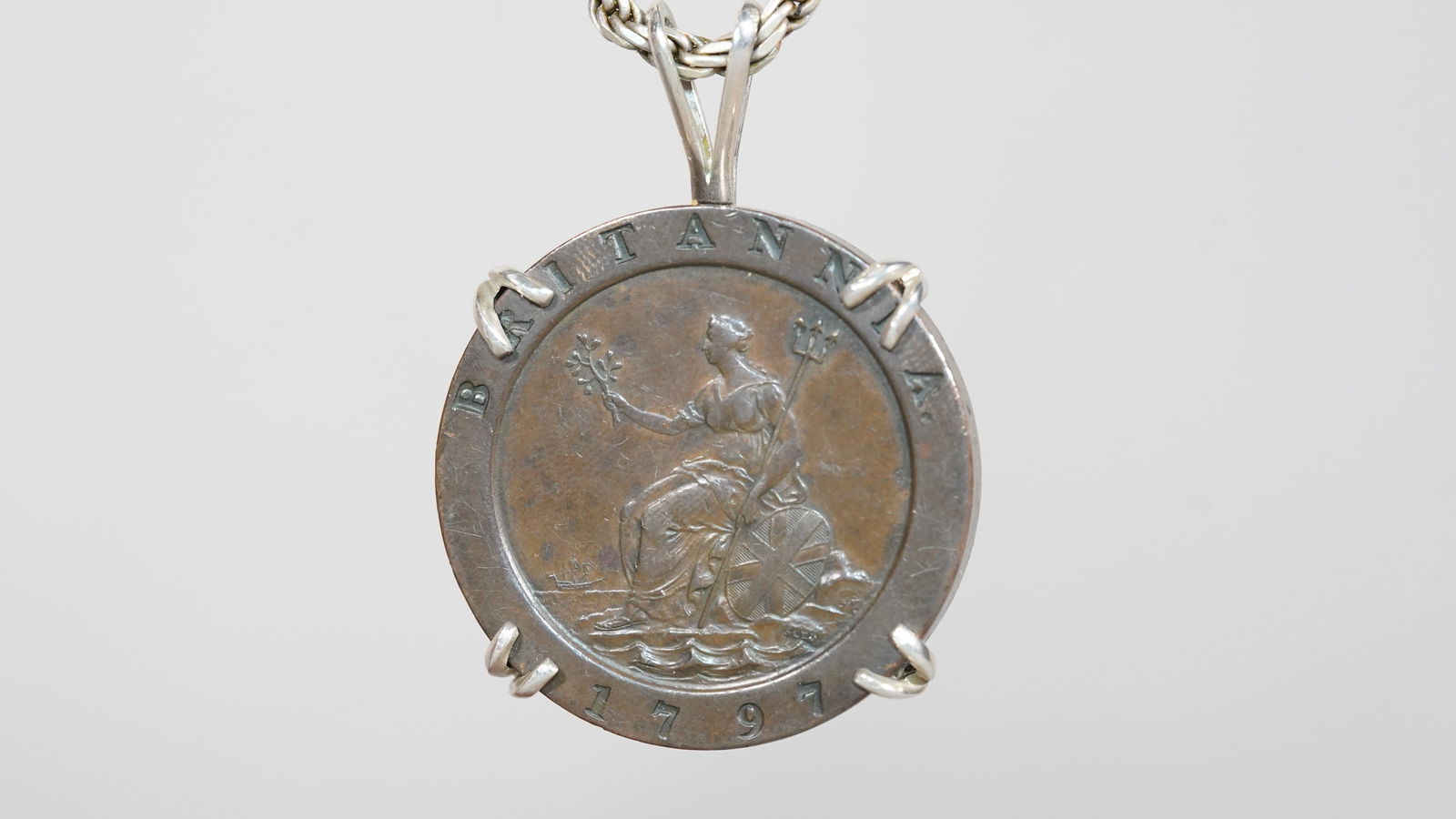1797 Antique George III 2 Pence Great Britan Cartwheel Soho Coin, Silver Chain (925, Italy) size: 20 (1 of 6)