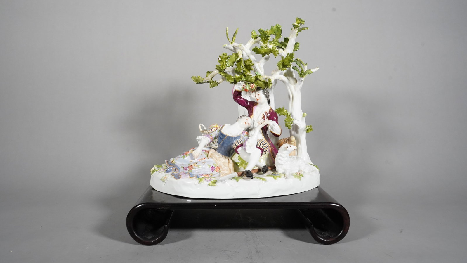 Victoria "MEISSEN" Porcelain Figurine Featuring Young Lovers Under the Tree: MEISSEN Porcelain Figurine Featuring Young Lovers Under the Tree, MEISSEN Cross Sword Mark Underneath. Little Chipps, Total Tall: 10", Bottoms 10" x 7", (Stand not Included)