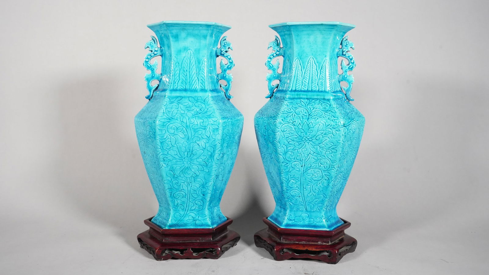 Pair of Antique Chinese Turquoise Blue Porcelain Vase with Fitted Wooden Stand (1 of 6)