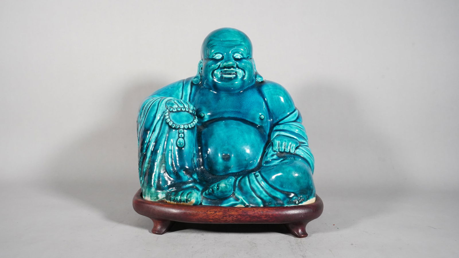 Large Antique Turquoise Blue Glazed Bodhisattva with Original Footed Wooden Stand (1 of 6)