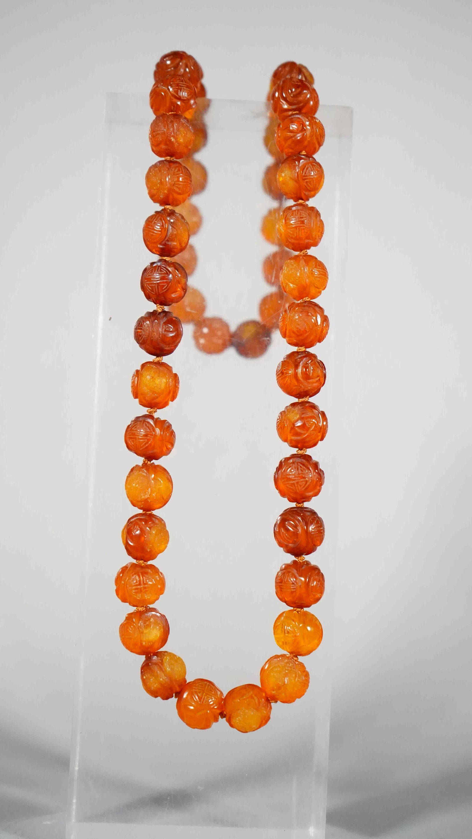 Antique Nature Amber Carved Chinese Character" SHOU" Bead Necklace (1 of 6)