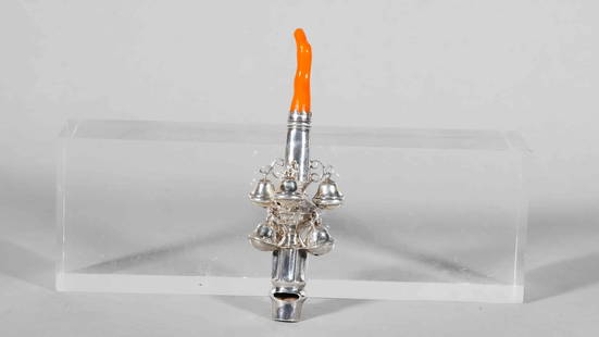 Antique Victorian Sterling Silver & Coral Combination Rattle Whistle: Antique Victorian Sterling Silver & Coral Combination Rattle Whistle, with Name Marked. (Stand not Included). Length: 5"1/2, Total Weight: 50.8g