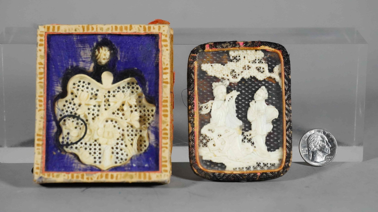 Two Beautiful Vintage Hand Carved Bone Pendants, One with Necklace Rope and Bone Carved Beads : Two Beautiful Vintage Hand Carved Bone Pendant. Both with Original Cases. One Back Side Made for Makeup Mirror with Women Figurative; One with Necklace Rope and Bone Carved Beads. (Stand not Included)