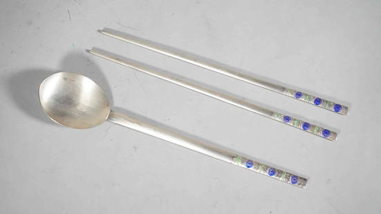 Asian AG 700 Silver Enamel Chopsticks & Spoon: Asian AG 700 Silver Enamel Chopstick & Spoon. With "AG 700" Mark. Total Weight: 94.6g, Length: 8"