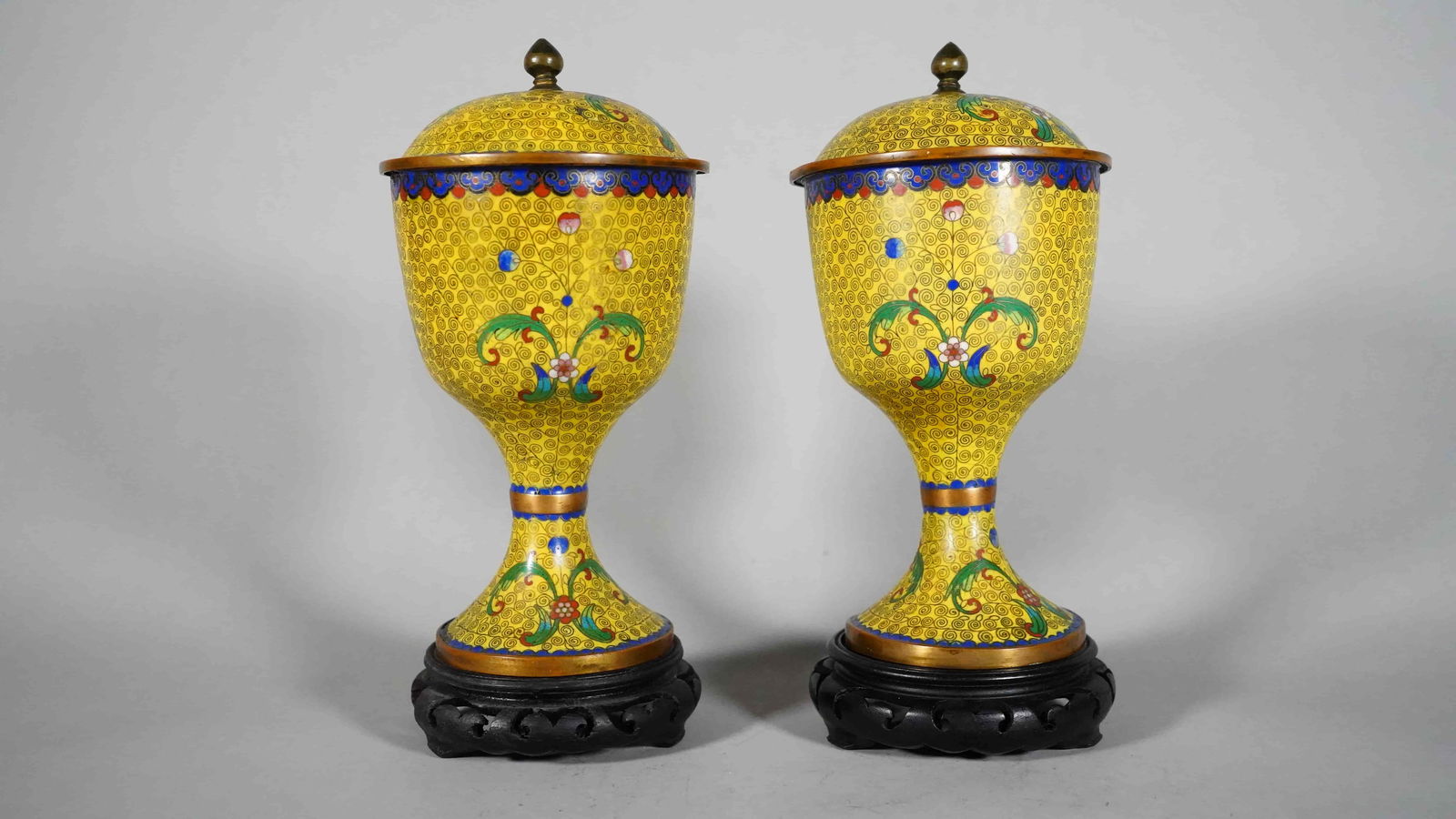 Pair of Antique Chinese Imperial Yellow Cloisonne Enamel Brass Pedestal Bowl with Lid (1 of 6)