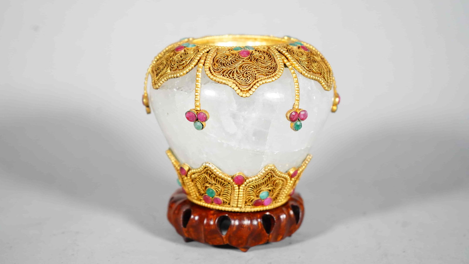 Superfine Hand Carved Tibetan Rock Crystal Powerful Bowl with Embedded Gemstones  (1 of 6)