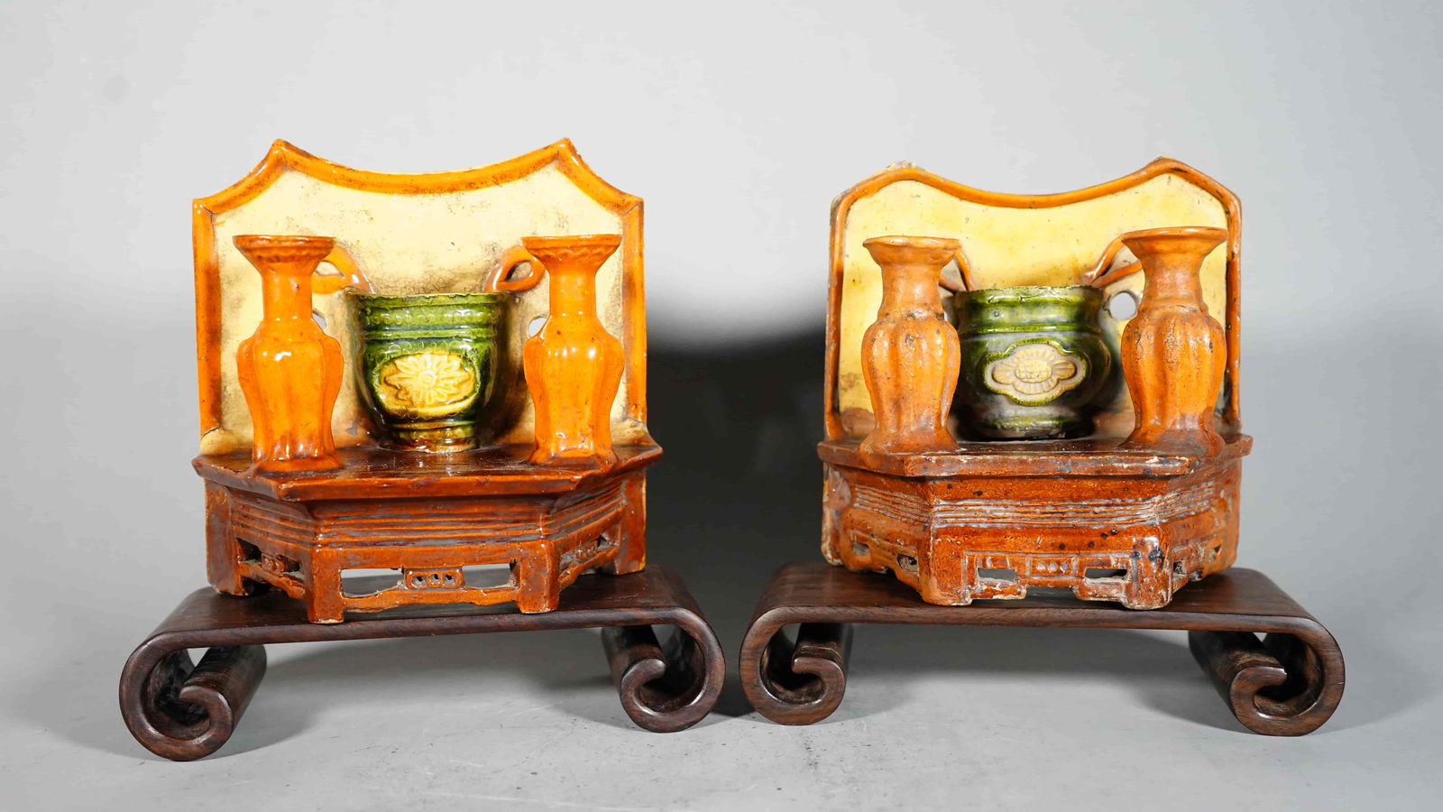 Pair of Antique Chinese Multicolored Ceramic/Pottery Incense Holders or Wall Vases (1 of 6)