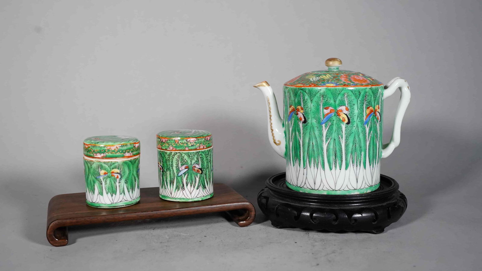 Set of 3 Late 19th Century Chinese Export Famille Rose Porcelain Tea Pot & Two Lidded Jars (1 of 6)