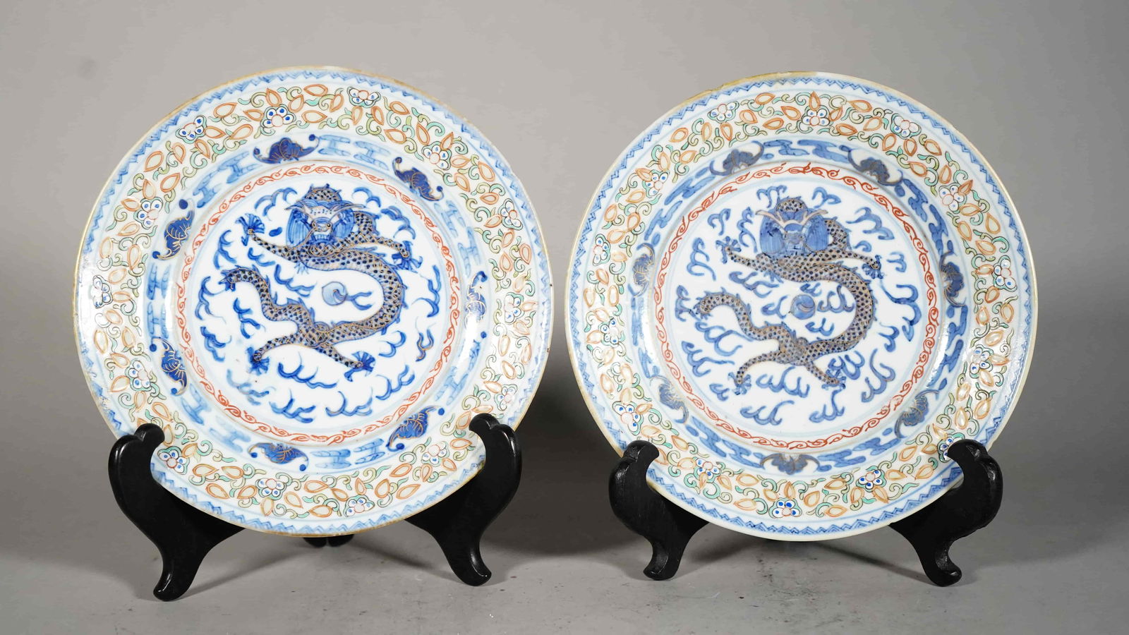 Two Antique Chinese Blue & White Porcelain Plate with Gold Dragon Decoration "Kang Xi" Mark (1 of 6)