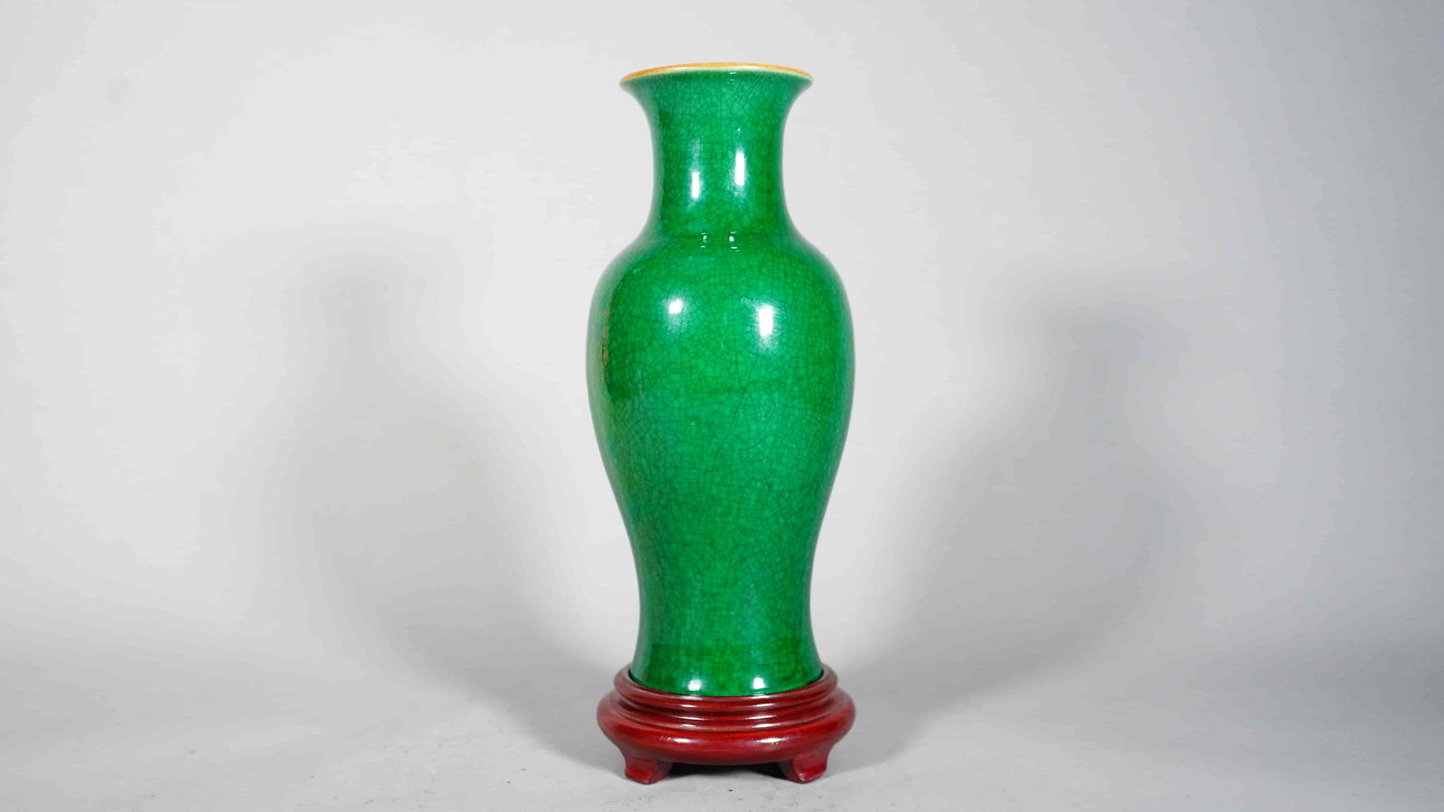 Chinese Antique  Green Crackle Glazed Porcelain Vase with Wooden Stand (1 of 9)