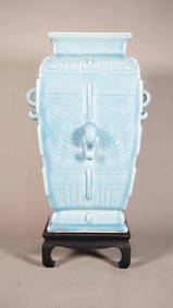 Beautiful Chinese Sky Blue Glaze Squared Porcelain Vase with Qing Dynasty "Qian Long" Mark (1 of 8)