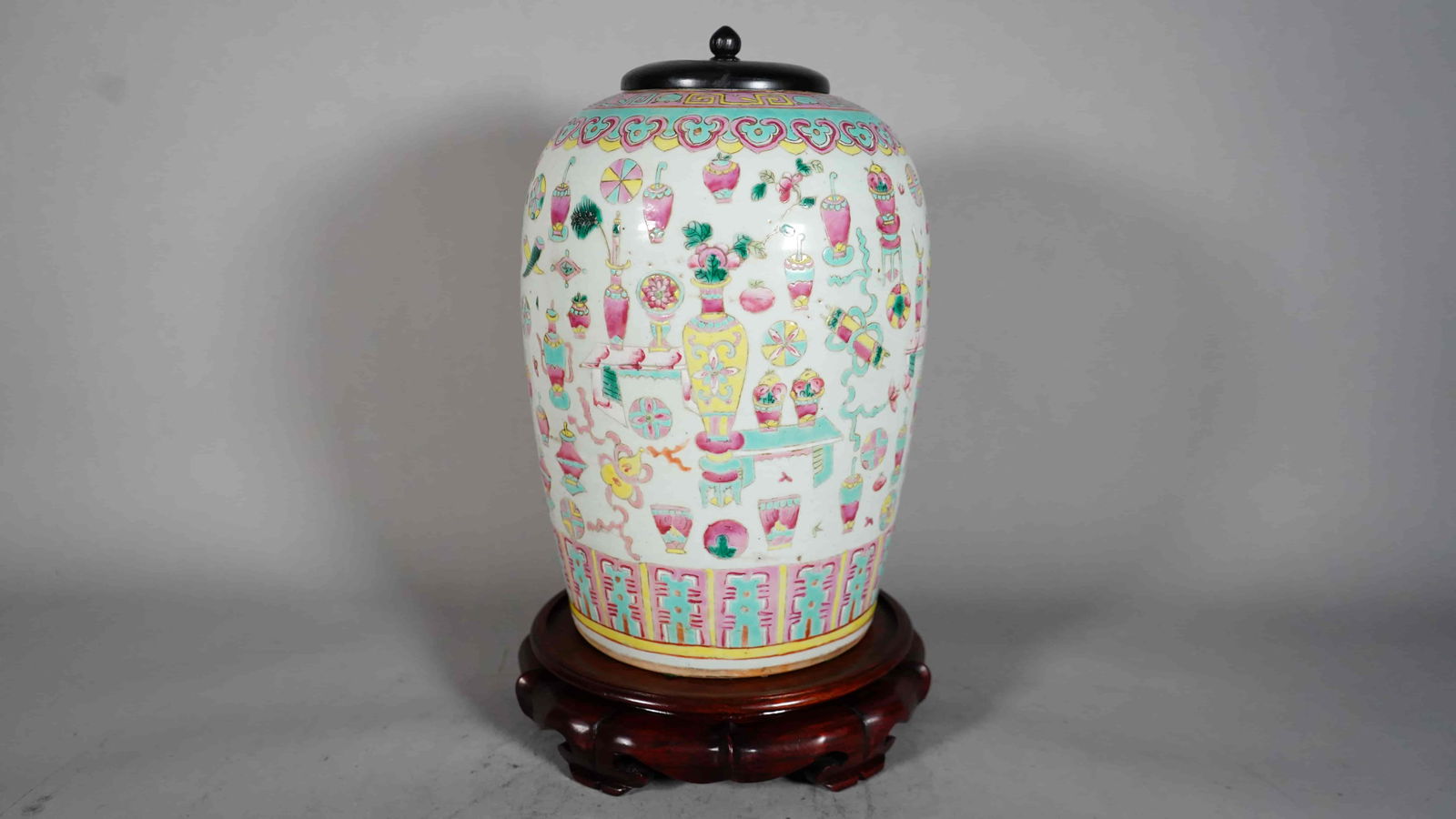 19th Century Chinese Famille Rose Porcelain Melon Shape Jar with Wooden Lid (1 of 6)