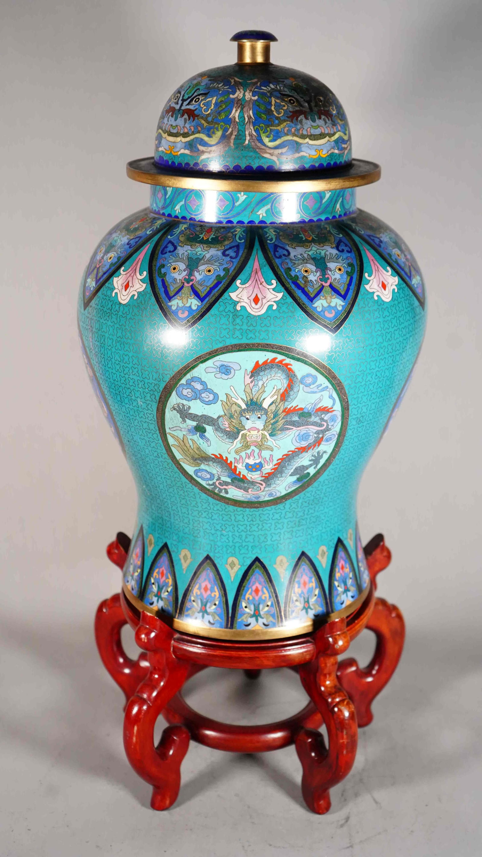 Chinese Vintage "Qian Long" Marked Bronze Cloisonne Enamel Gold Gilt Dragon Pattern Ginger Jar (1 of 6)