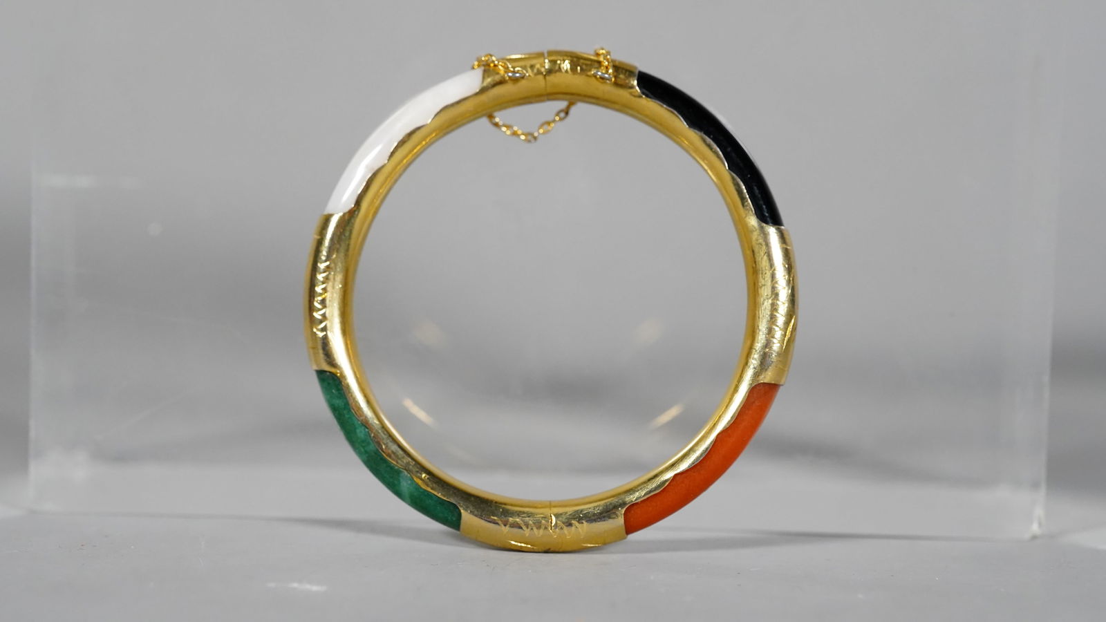 Vintage Gold Metal & Multi-Color Jade Hinged Bangle Bracelet (1 of 6)