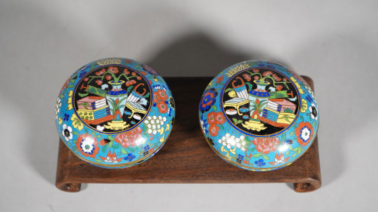 Pair of Chinese Cloisonne & Brass Covered Boxes with Flowers (1 of 6)