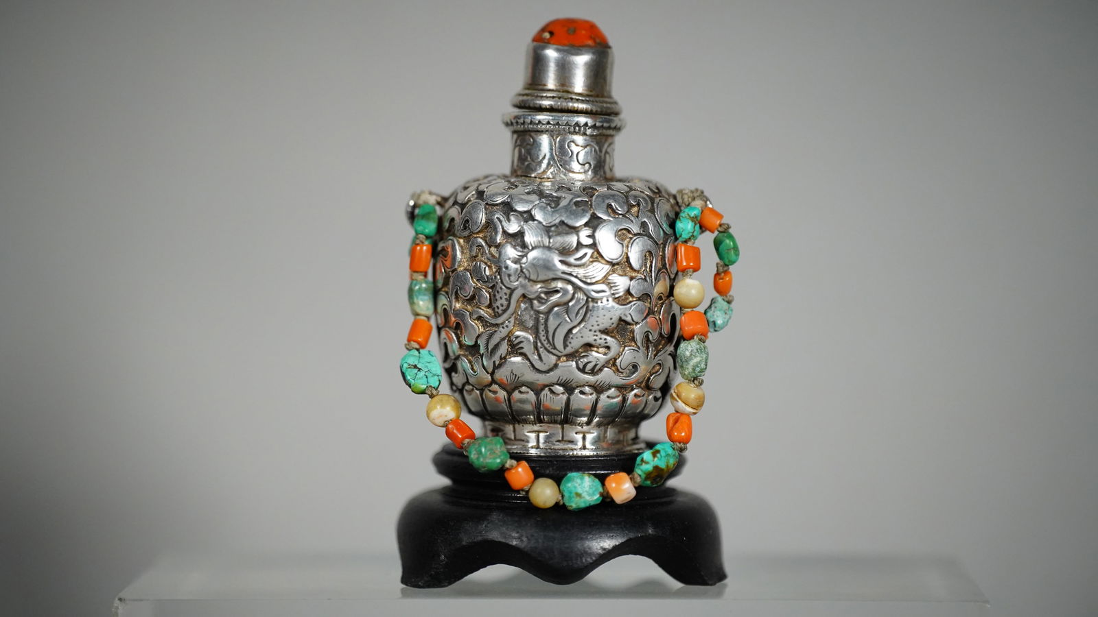 Large Antique Asian Silver Repousse Snuff Bottle with Coral & Turquoise (1 of 6)