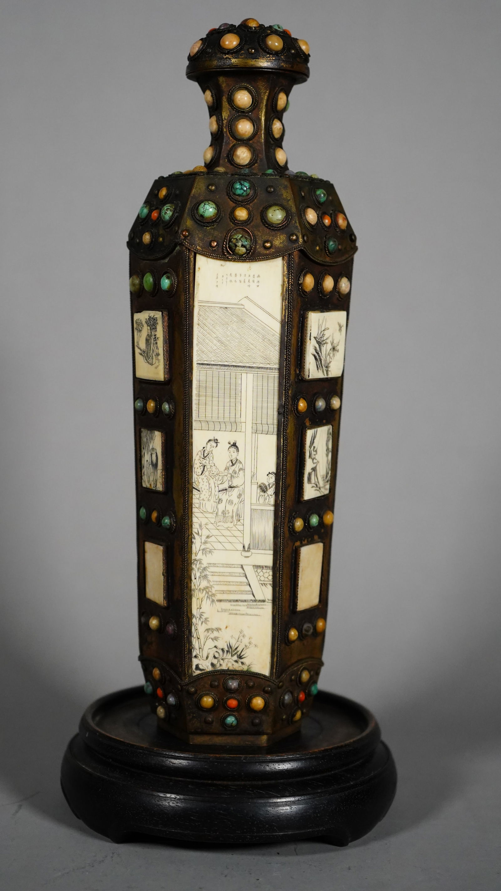 Large Chinese Antique Brass Bone Snuff Bottle with Bone, Turquoise and Coral Embedded: A Large Chinese Antique Brass Bone Snuff Bottle with Bone, Turquoise, and Coral Embedded. Exquisite and delicate Hand Painted on the Bone. Size: 10"H, 3"1/2Diameter, (Stand Not Included)