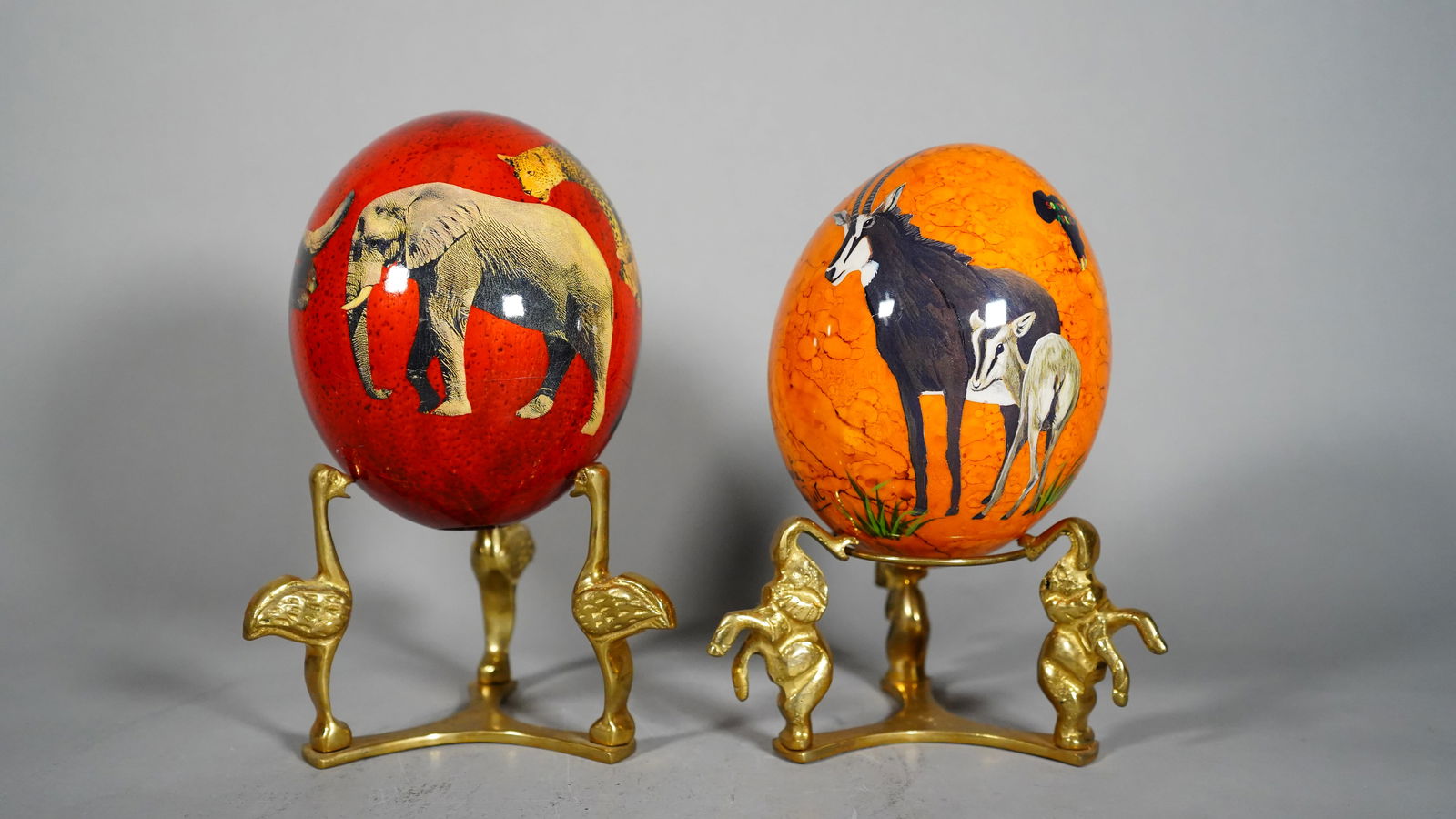 Two Exotic Vibrant South African Ostrich Eggs Decorated with Brass Stand, Signed by the Artist (1 of 6)