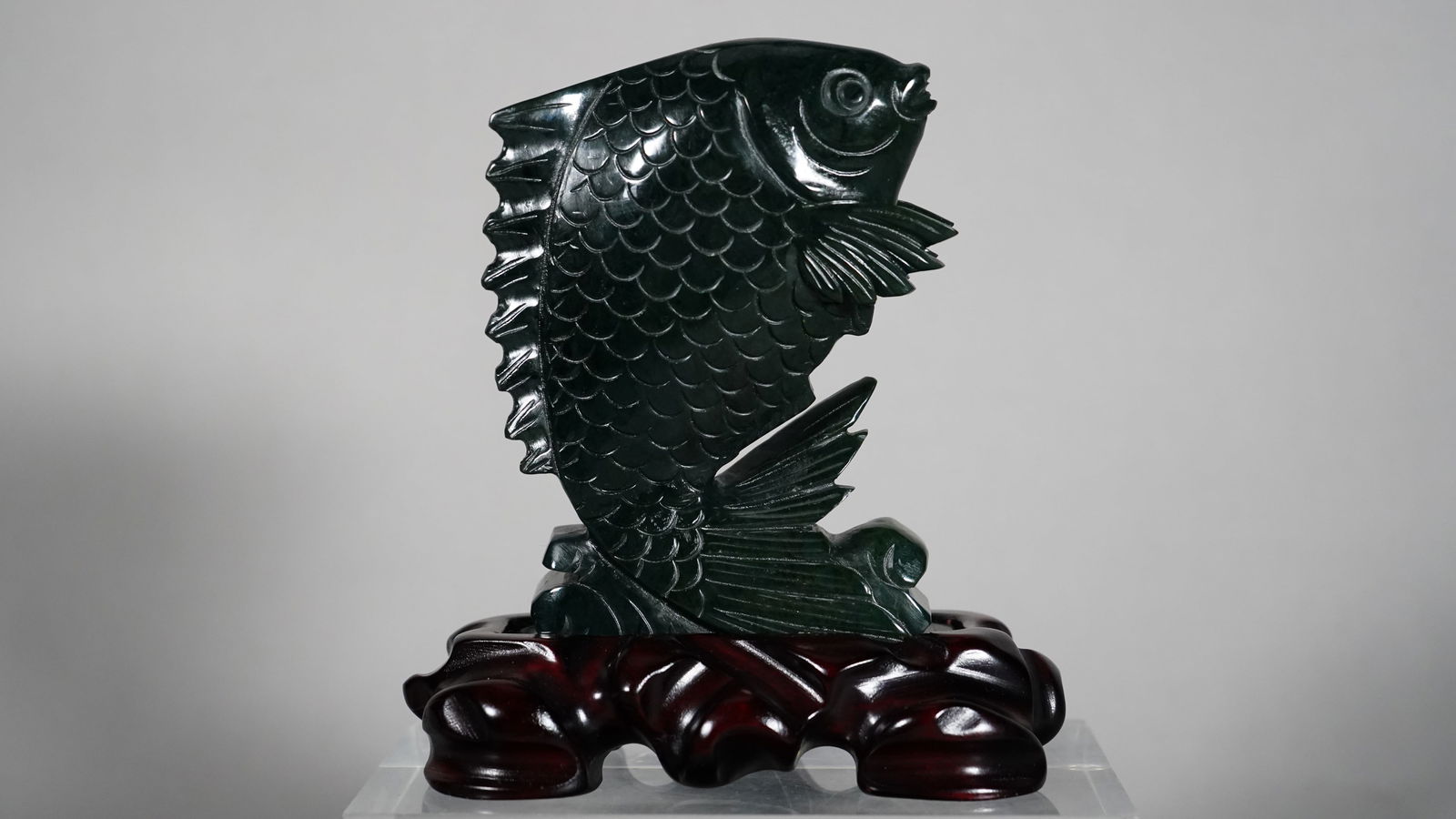 A Fine Vintage Asian Dark Green Jade Fish Sculpture on Wood Stand (1 of 6)