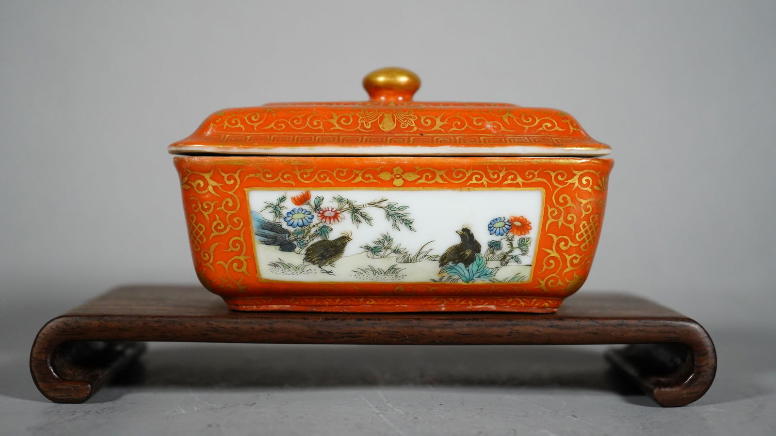 Antique Chinese Gilt Coral Glazed Famille Rose Porcelain Box with "Qianlong" Mark (1 of 6)