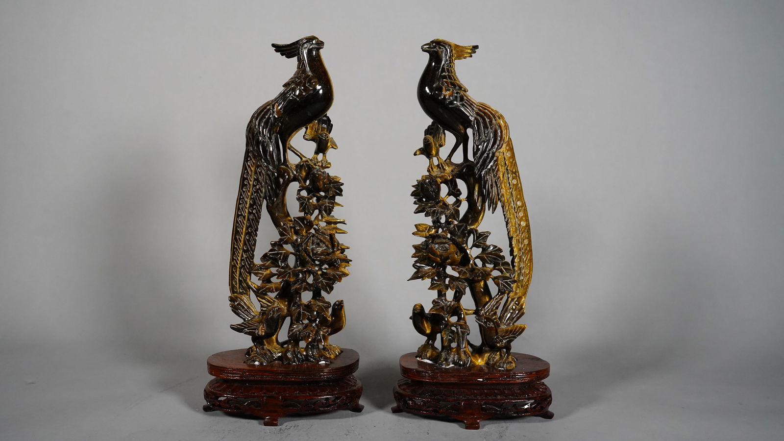 Pair of Large Tigerite Stone Carved Peacock Sculpture Statues on Stands (1 of 6)