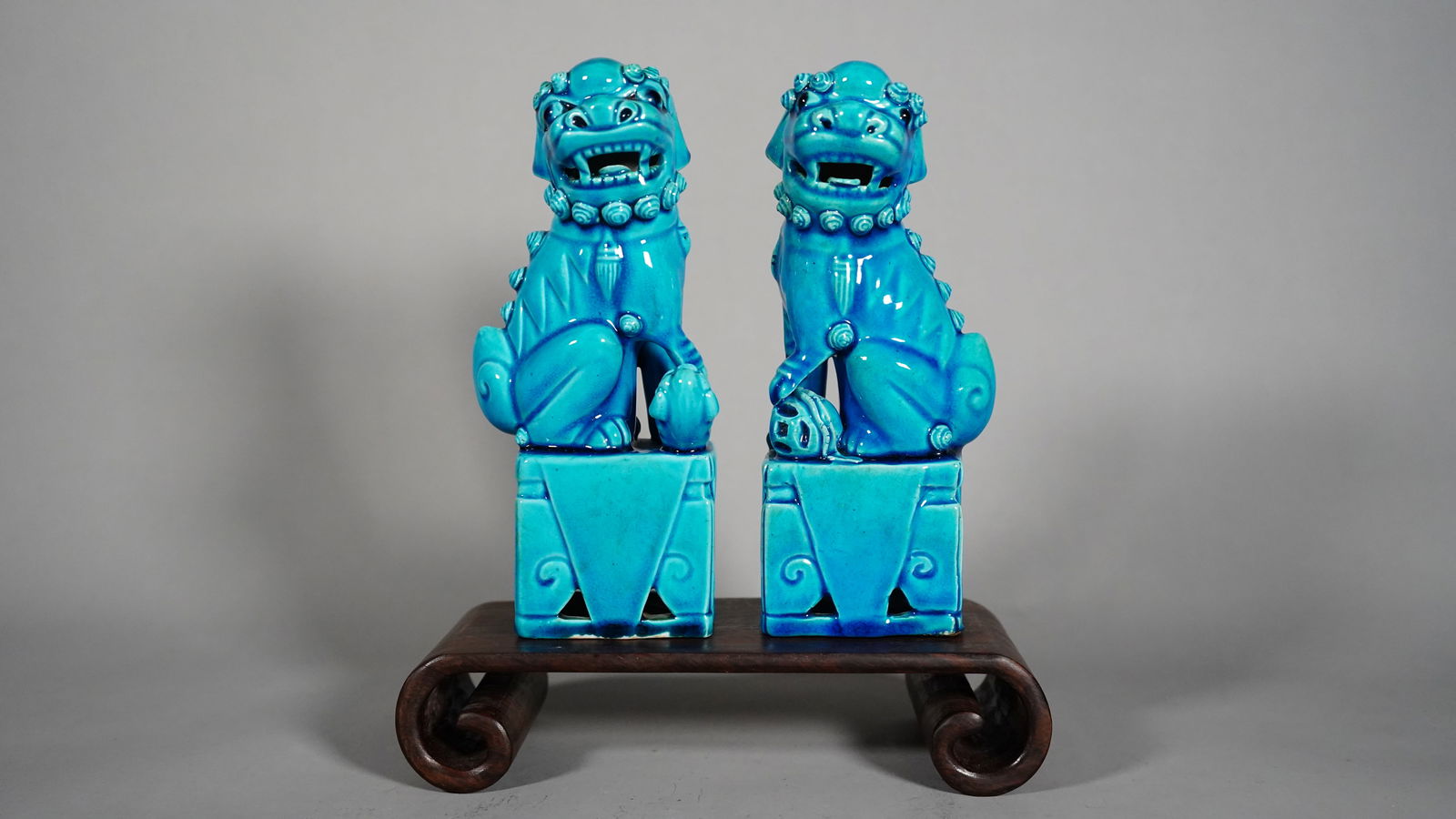 Pair of Chinese Vintage Turquoise Blue Glazed Porcelain Foo Dogs (1 of 6)