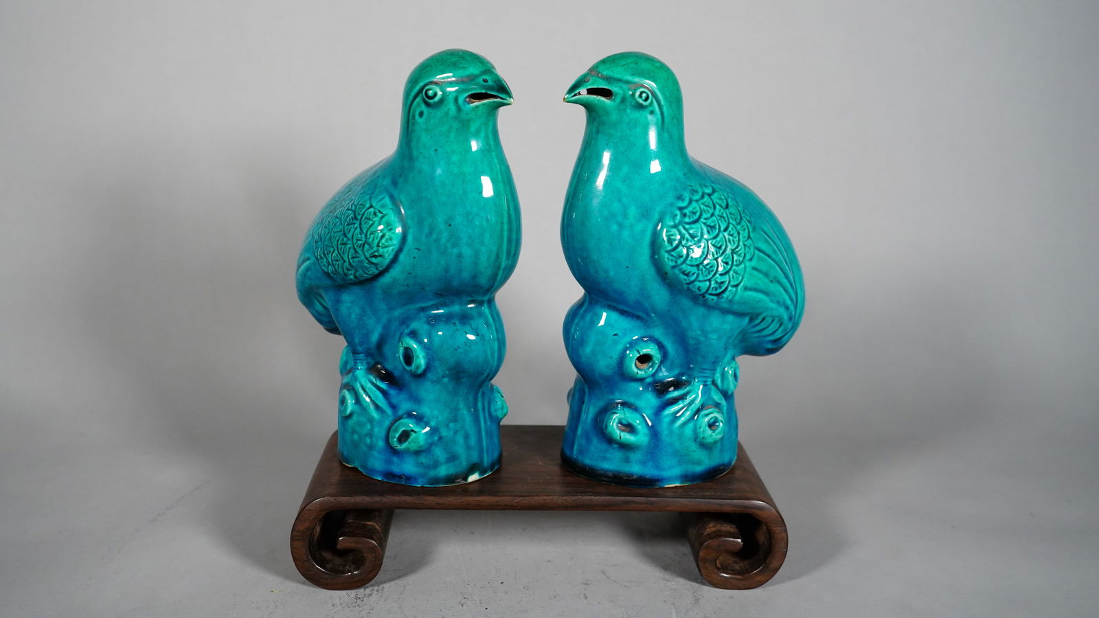 Pair of Early 19th Century Chinese Turquoise Glazed Parrots/Pigeons (1 of 6)