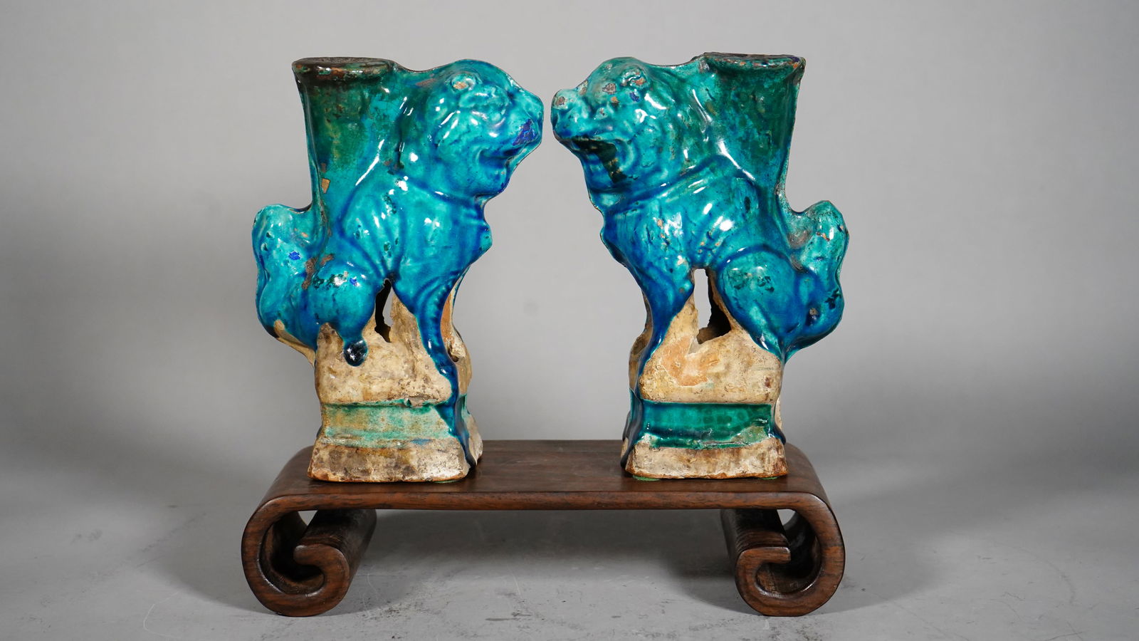 Pair Chinese Antique Turquoise Glaze Pottery Lions Candle or Incense Holders (1 of 6)