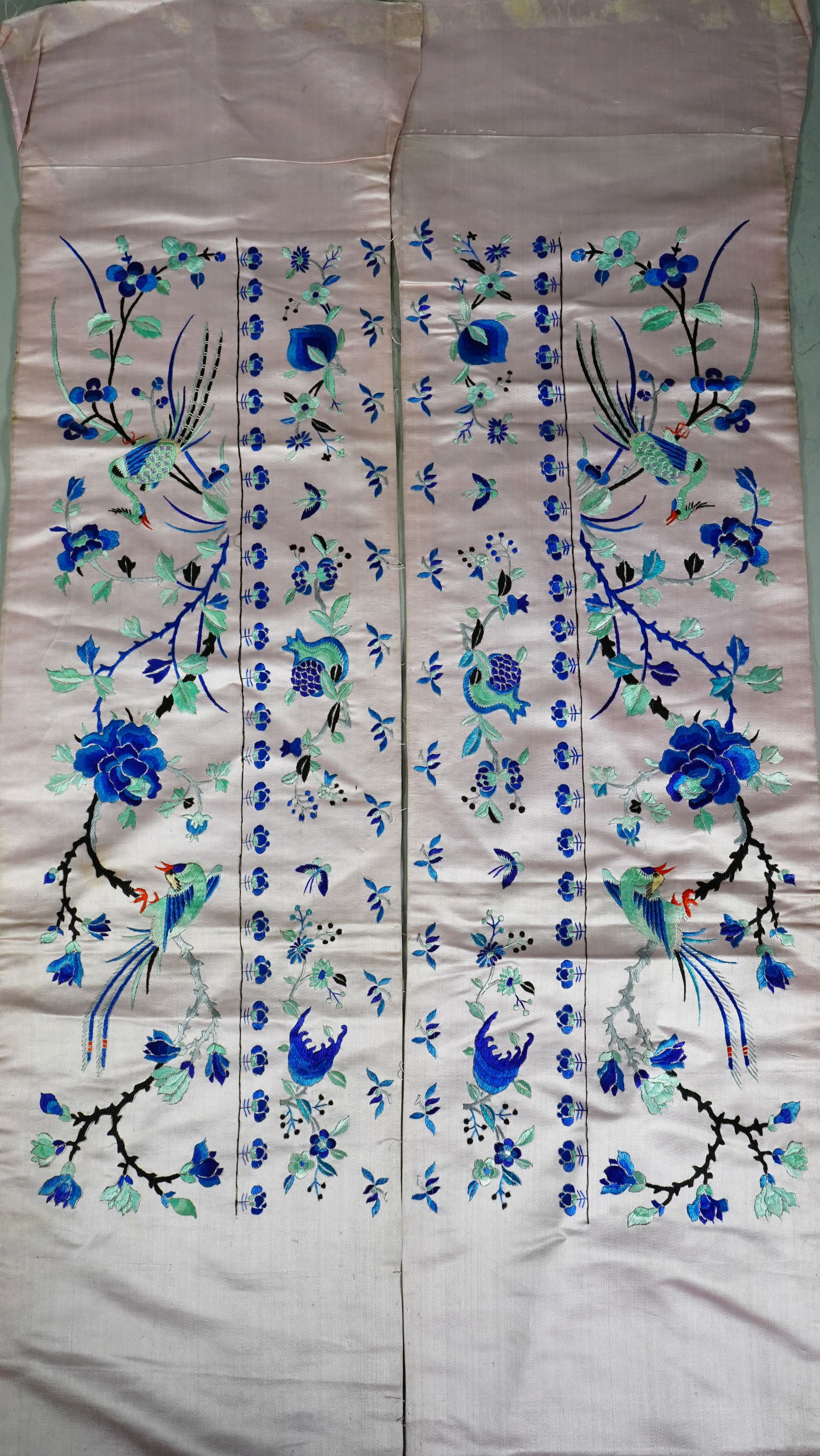 Pair of Antique Pink Silk Embroideries with Double Phoenix & Flowers (1 of 6)