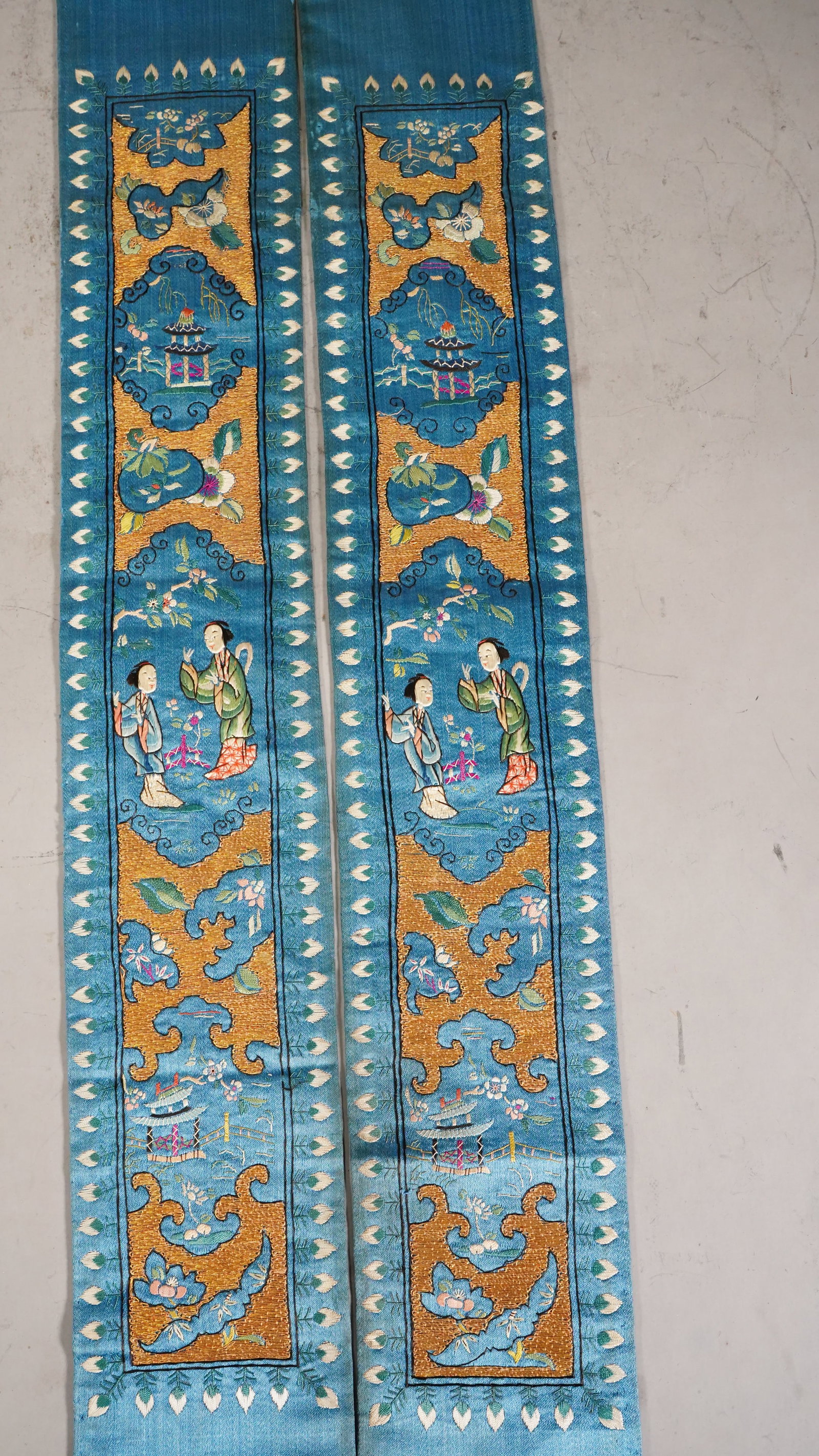 Pair of Antique Gold-Embroidered Figures & Garden Motifs: A Pair of Gold-Embroidered Figures & Garden Motifs. Very good condition. Size: 19" x 3"1/2