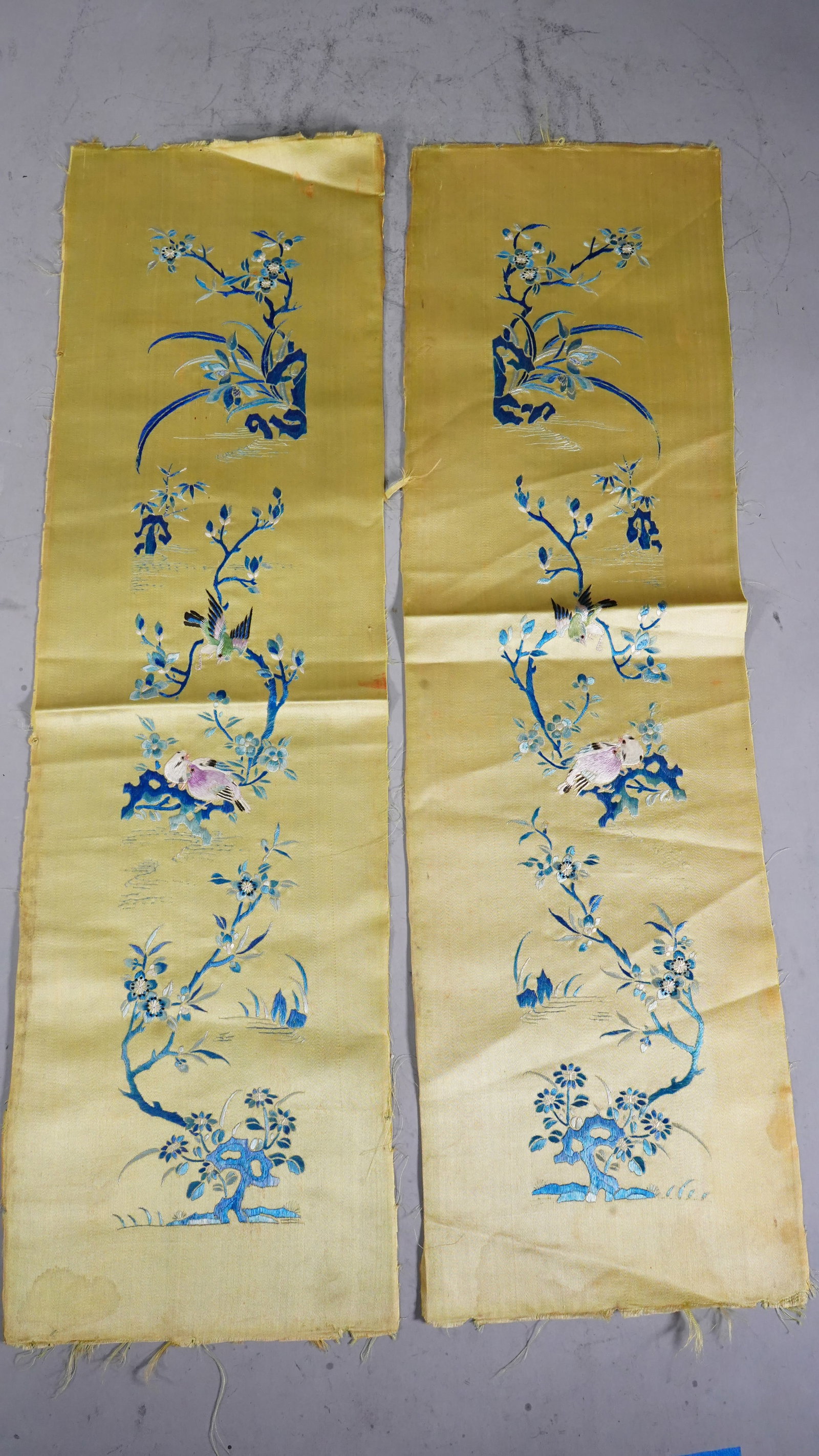 Two Embroideries with Bright Green Background & Flower Bird Pattern: Pair of Beautiful Embroideries with Bright Green Background & Flower Bird Pattern. 23" x 6"1/2