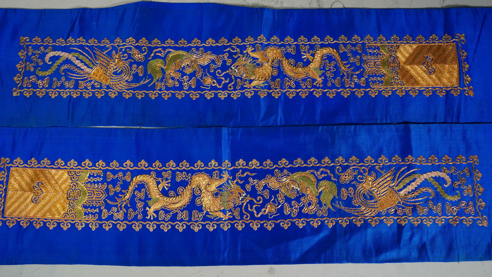 Nicely Pair of Gold Thread Embroiders with Dragons & Phoenixes on Imperial Blue Background (1 of 6)