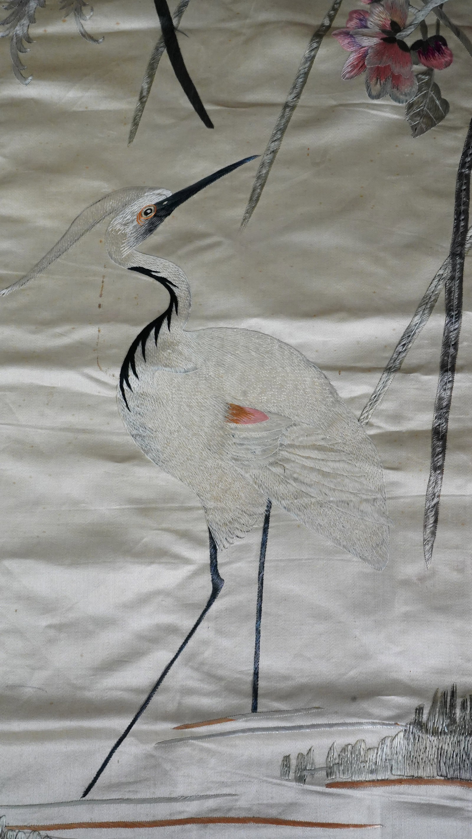 Vintage Chinese Hand- Embroidered Silk Craft with Crane & Flowers: Vintage Chinese Hand- Embroidered Silk Craft with Crane & Flowers. Size: 59"L x 18"W. Good condition with stains.