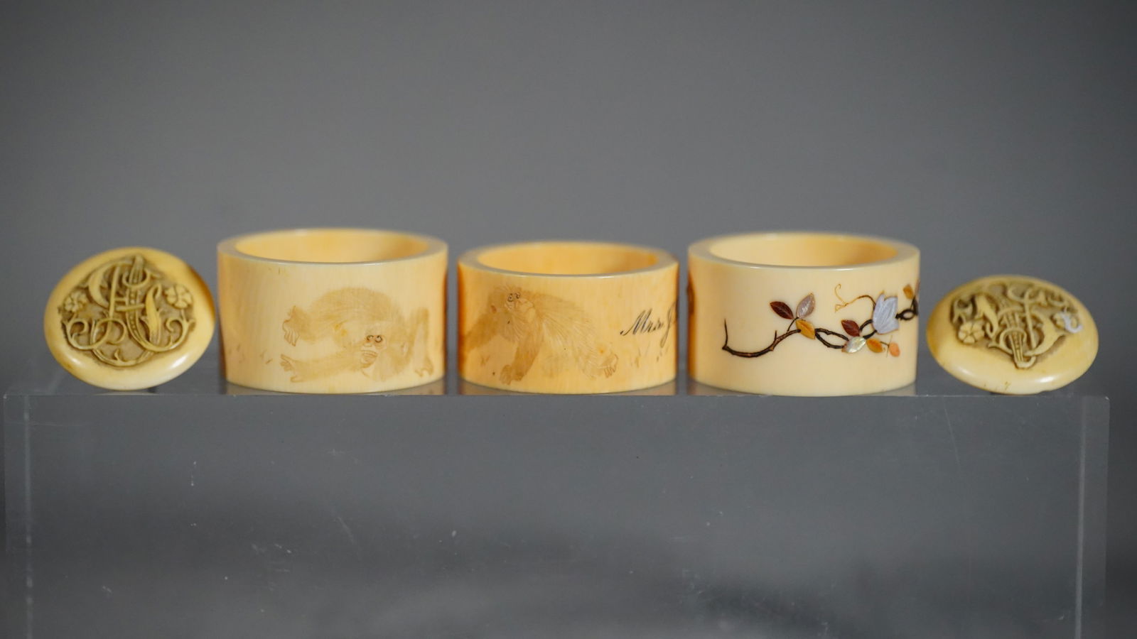 Three Vintage Bone Carved Napkin Rings with Pearl, jade and Coral Embedded and Pair of Bone Carved: Three Vintage Bone Carved Napkin Rings with Pearl, jade and Coral embedded and Pair of Bone Carved Cufflinks. Napkin Rings size: 2"Dia x 1"H; Cufflinks Dia 1"1/2