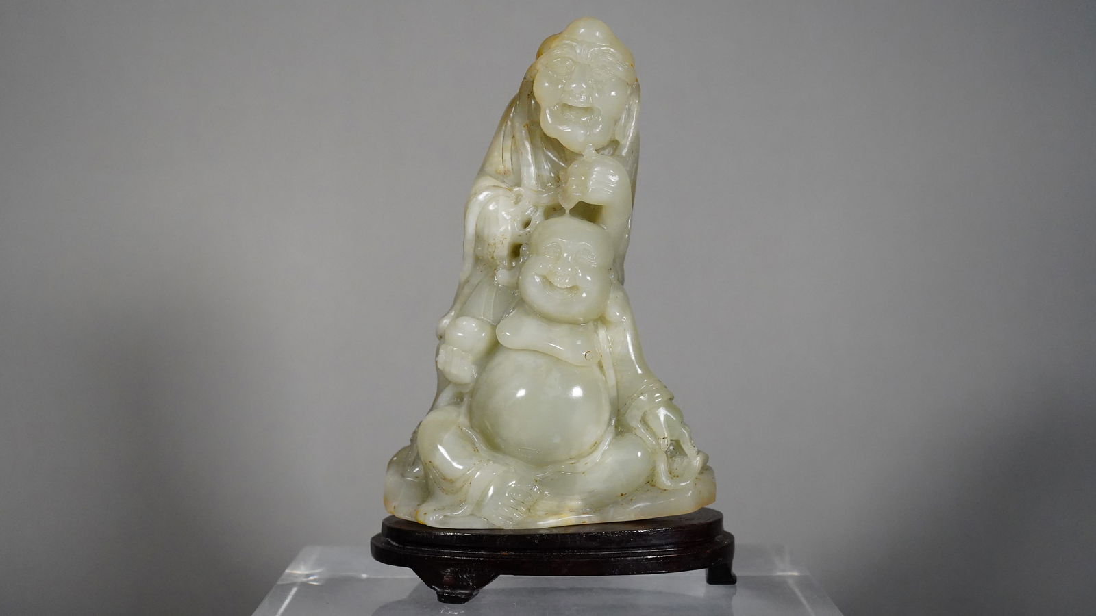 Vintage Carved Two Laughing Buddha Jade Statue with Wooden Stand (1 of 9)