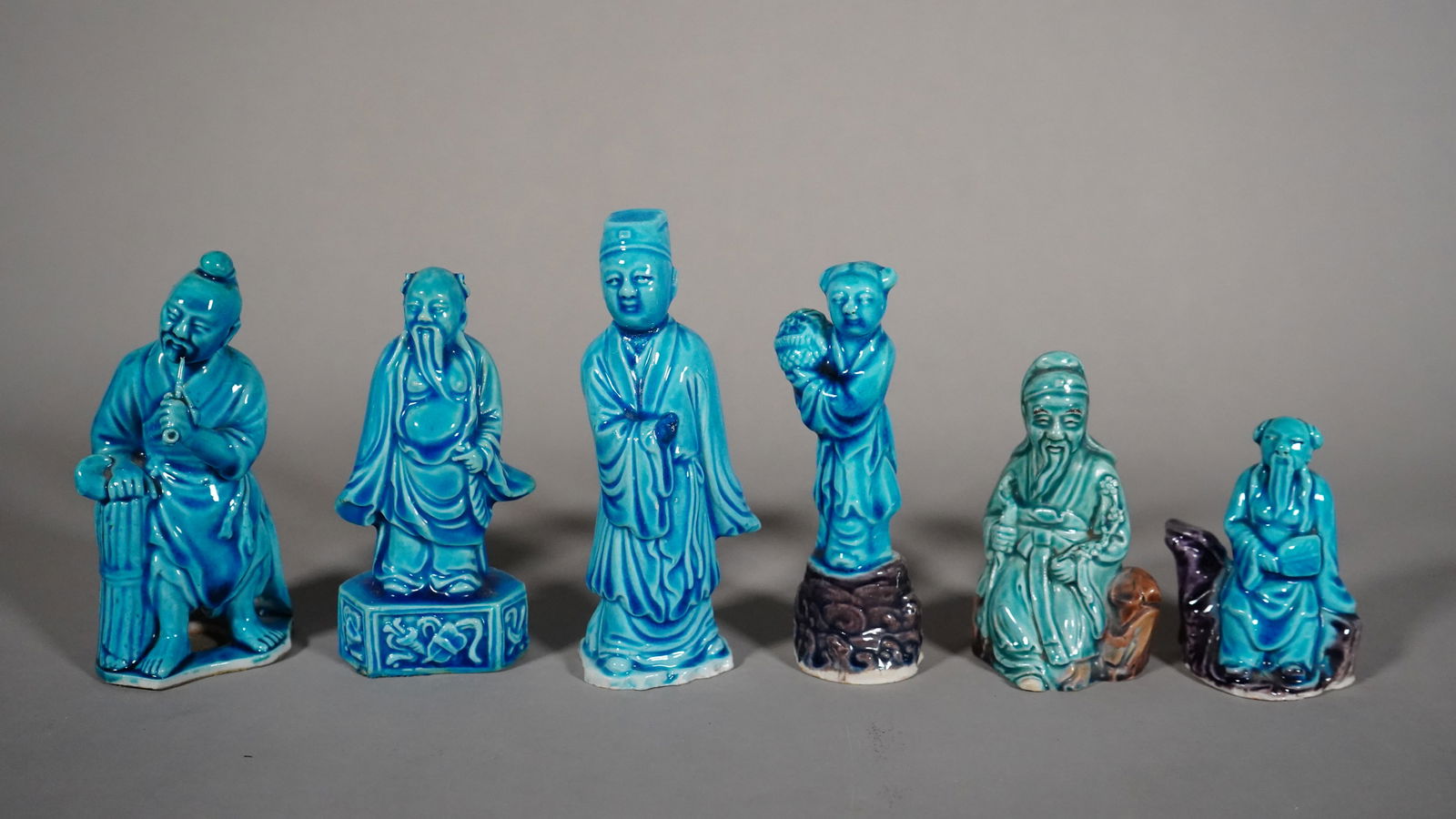 Six Antique Chinese Blue Turquoise Glazed Porcelain Mini Immortal Figures Statue (1 of 6)