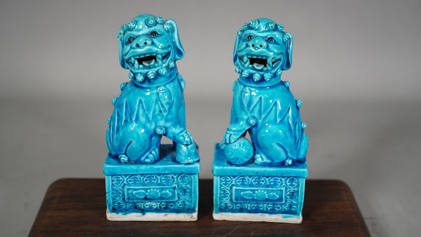 Pair Antique Chinese Blue Turquoise Glazed Porcelain Lion Figures Statue (1 of 7)