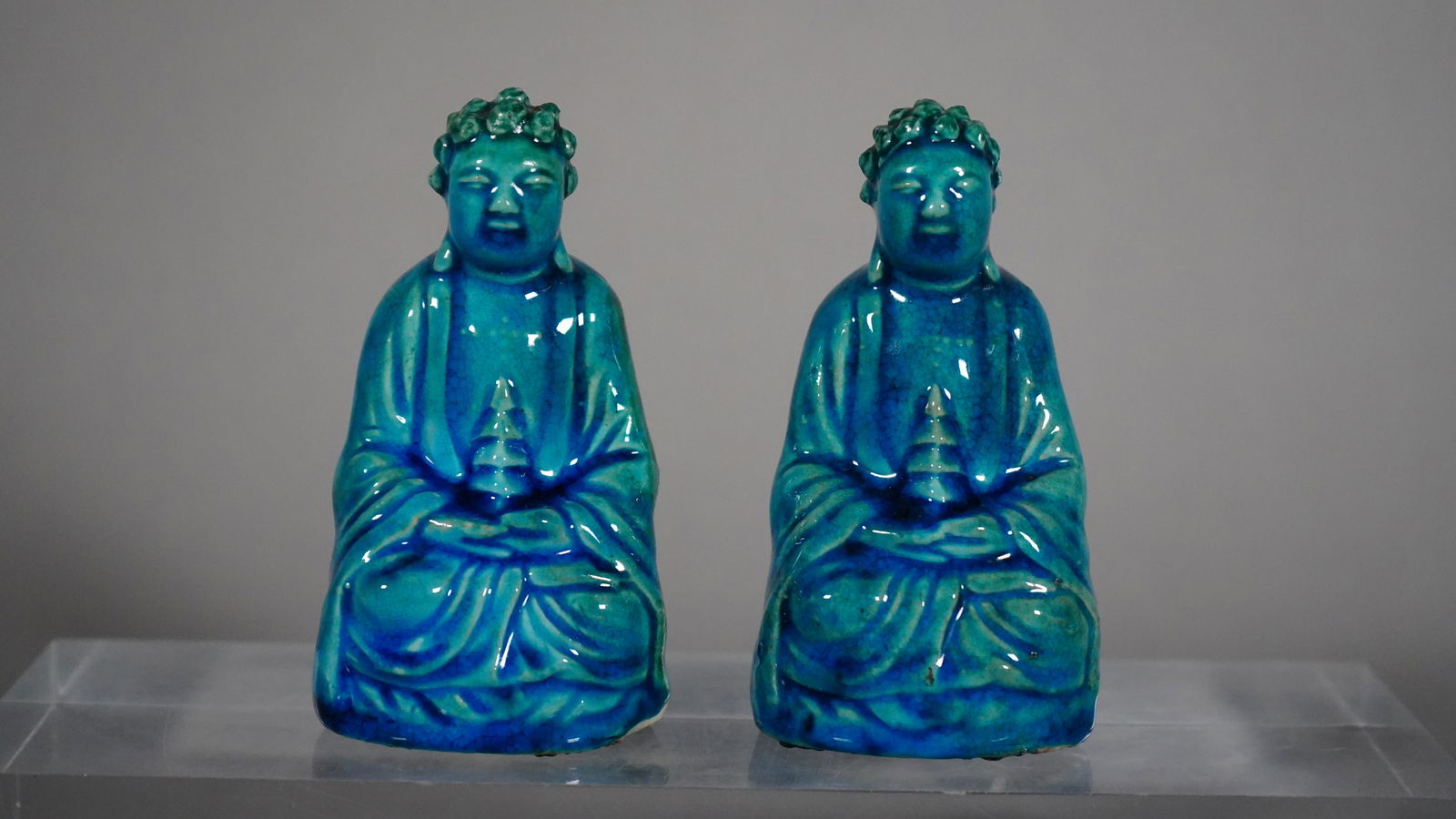 Pair Antique Chinese Blue Turquoise Glazed Porcelain Meditating Buddha Figures Statue (1 of 6)