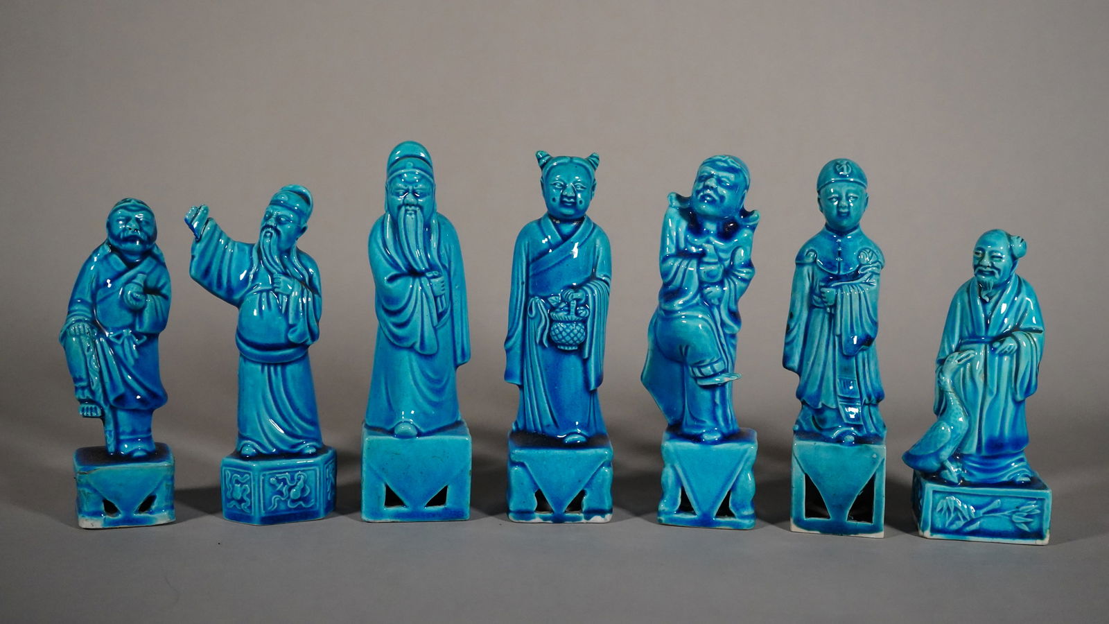 Group of 7  Antique Chinese Blue Turquoise Glazed Porcelain Immortal Figures Statue (1 of 7)