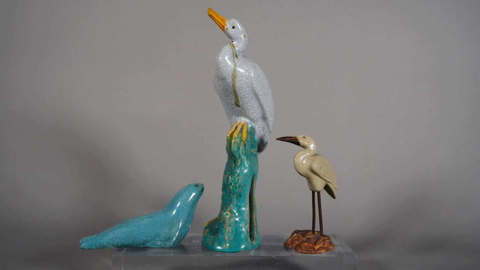 Three Chinese Vintage Cracked Porcelain Figure of Crane & Seal: Three Chinese Vintage Cracked Porcelain Figure of Crane & Seal. The higher crane with mark, tall 8"3/4 (cracked under neck); Short crane tall 4"1/2; Seal length 5", high ". (Stand Not Included)