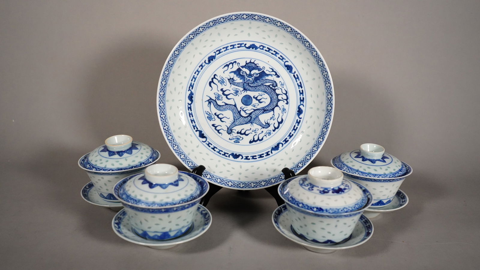 Lot of 13 Vintage Chinese Blue & White Rice Grain Porcelain Tea Cups Set & Plates (1 of 9)