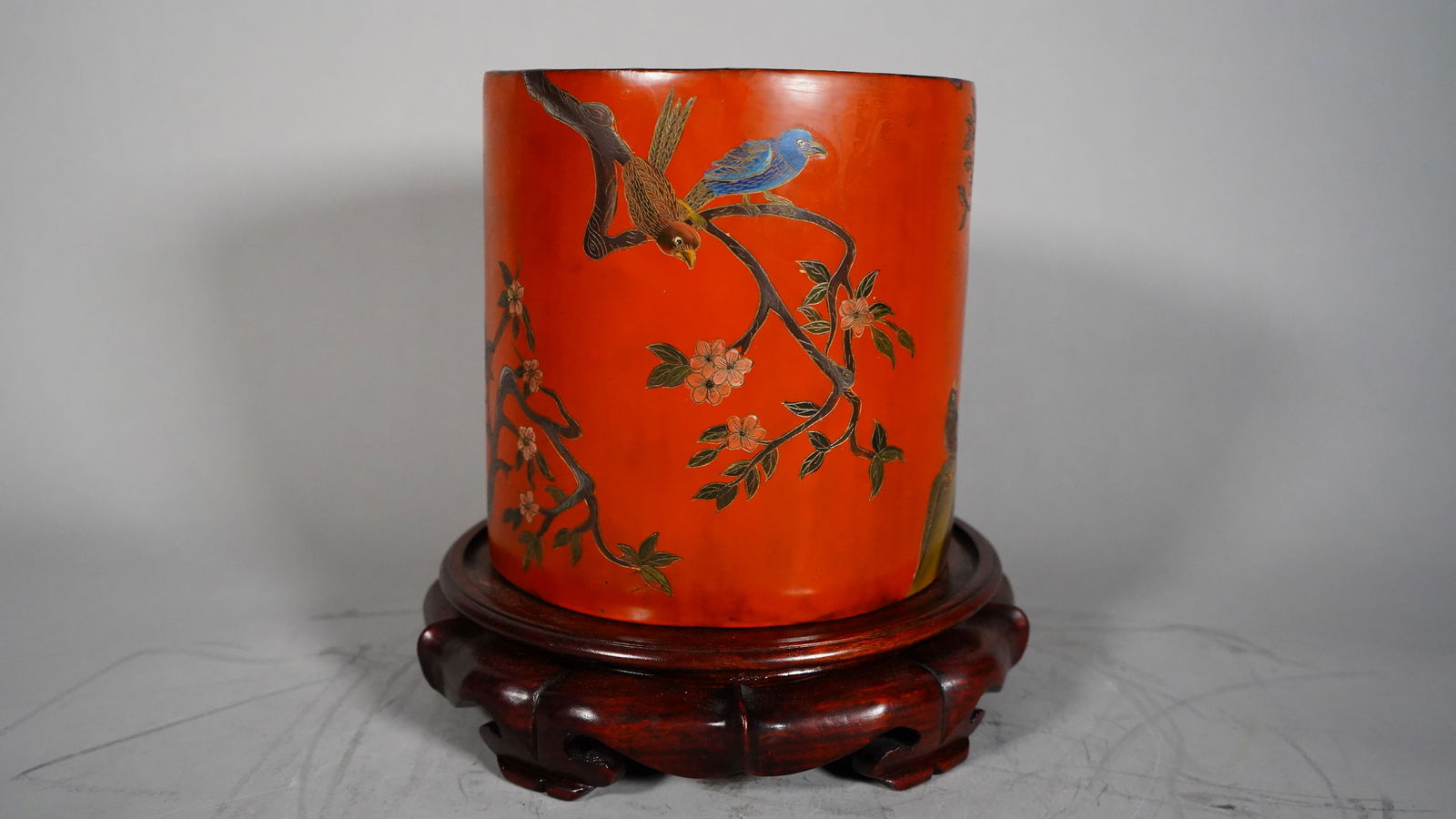 Antique Wood Carved Red Cinnabar Lacquer Brush Pot with Hand Painted Flowers & Birds (1 of 6)