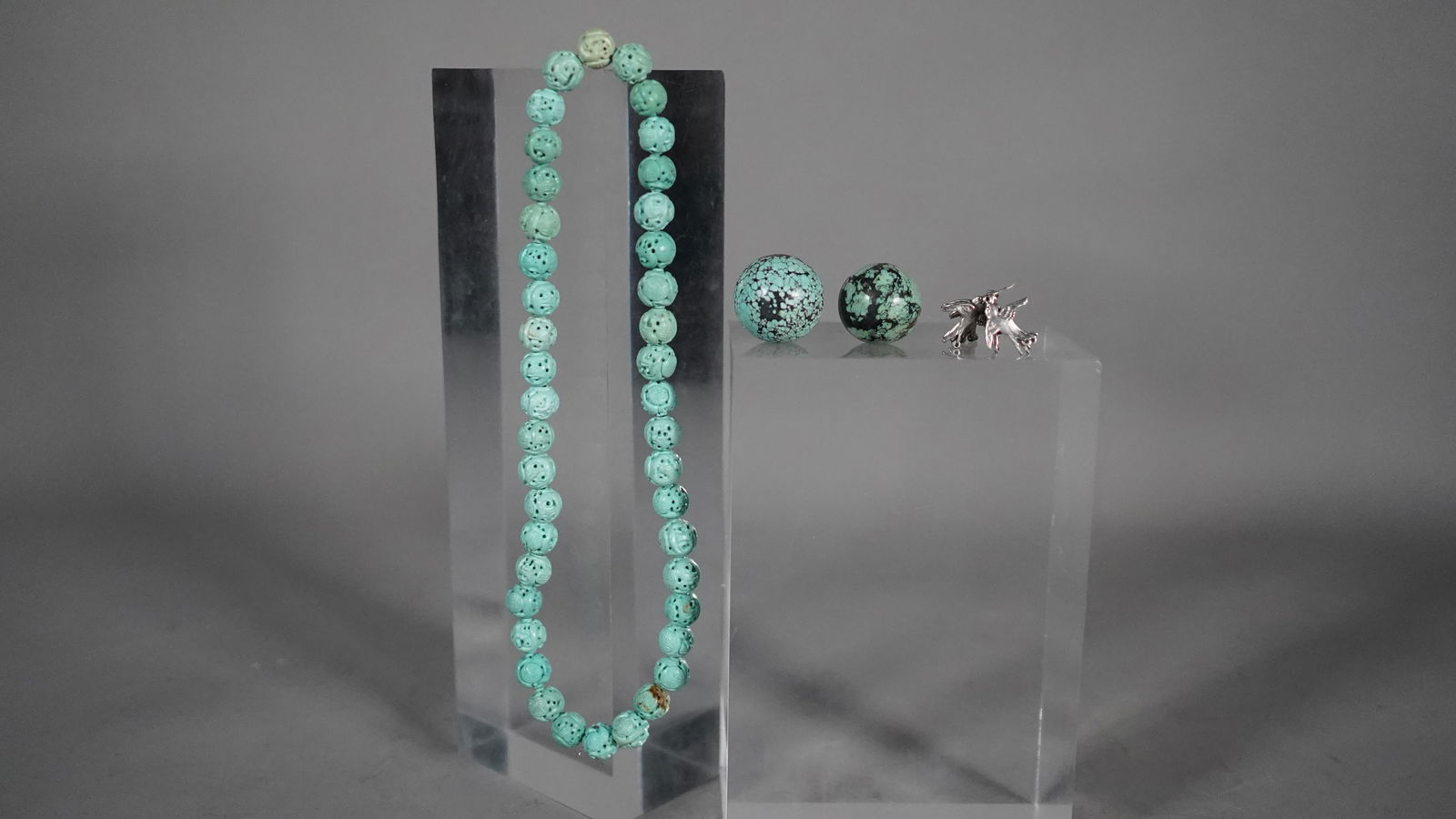 Vintage Carving Natural Turquoise Chain & Two Large Balls (1 of 6)