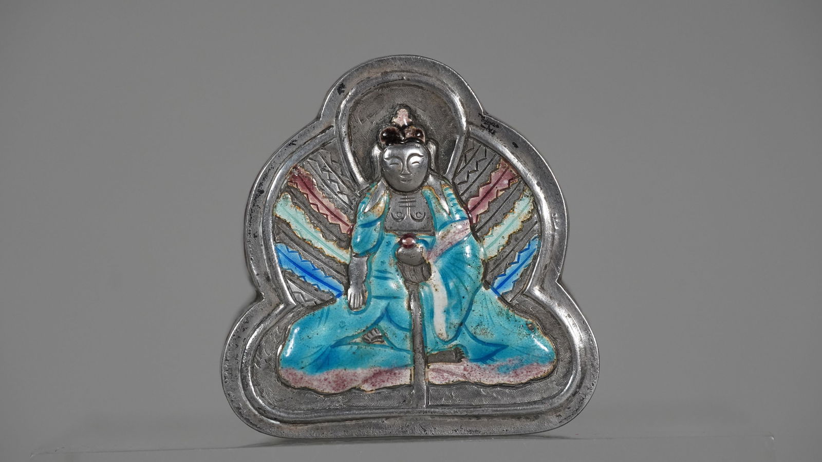 Antique Chinese Sterling Silver Enameled Trinkets Box with Carved Buddha Figures Statue (1 of 6)