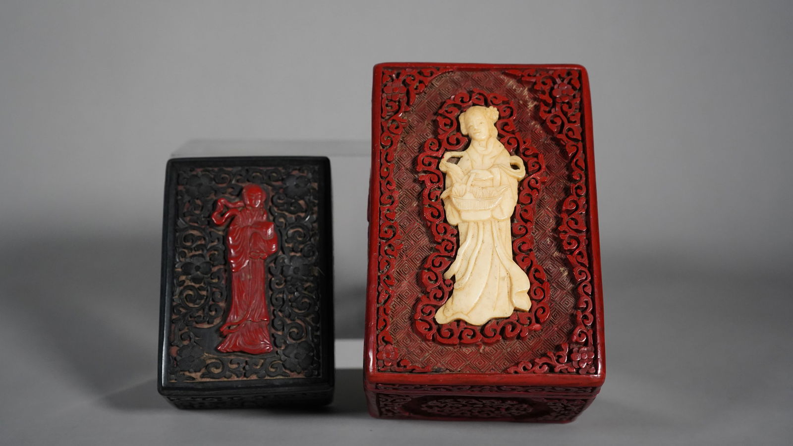 Two Antique Chinese Cinnabar Lacquer Box with Figure Carving Inlaid on Top (1 of 7)