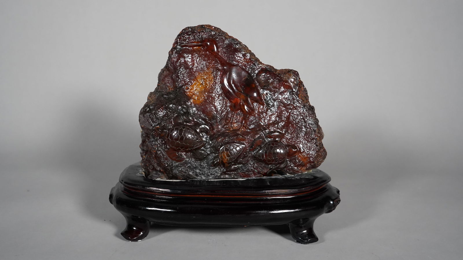 Old Natural Amber Carving Sculpture with Turtles & Crane Scene on Wooden Stand (1 of 8)