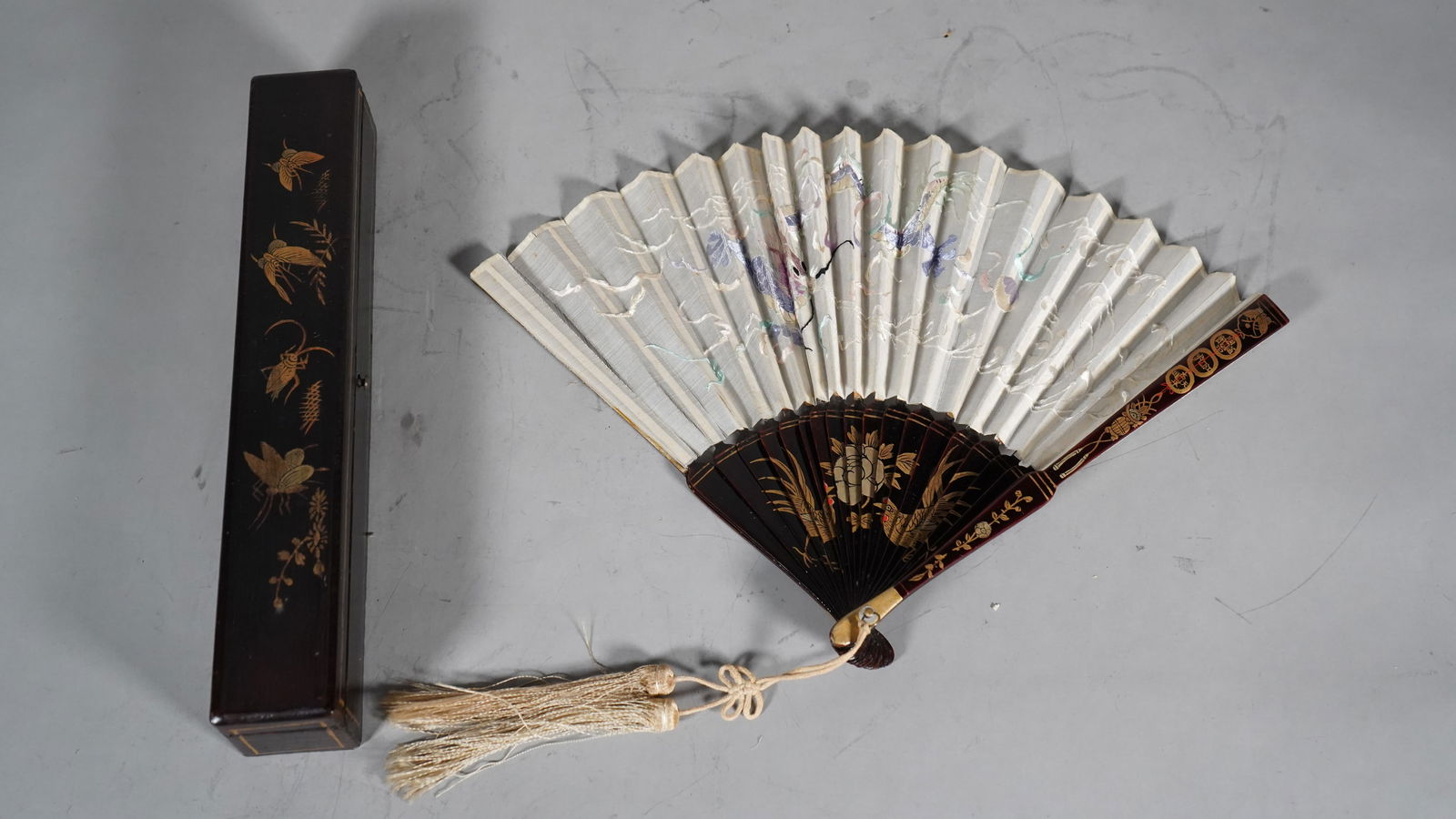 Antique Chinese Embroidered Silk Fan with Gilt Lacquer Folding Frame & Box (1 of 6)